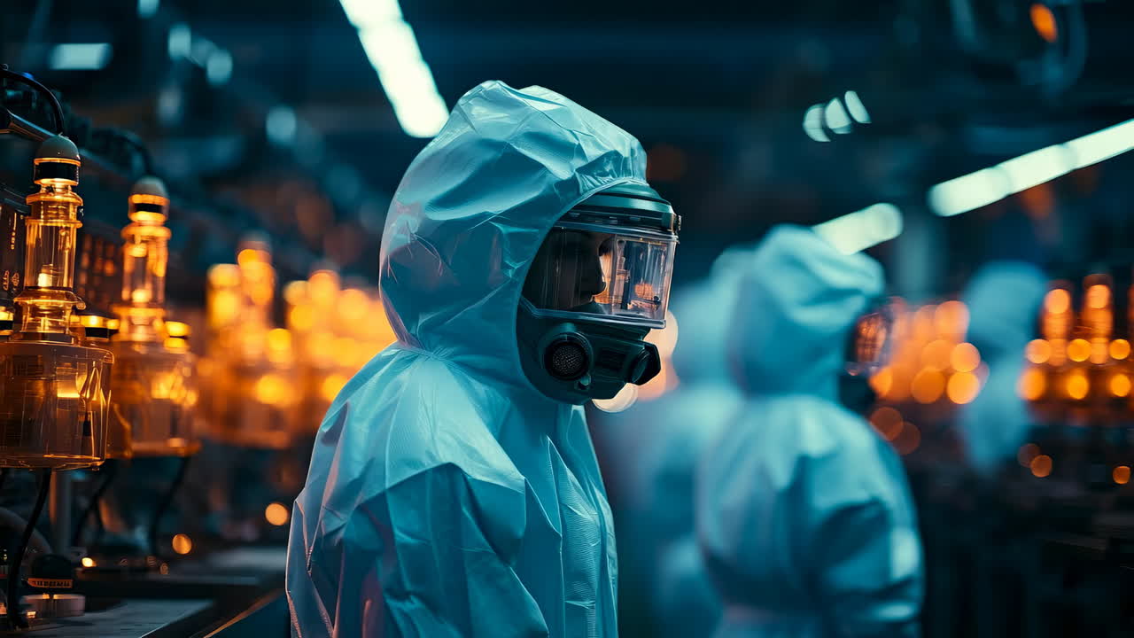 Laboratory workers in gear. Scientists wear safety suits while working with glass equipment in a dimly lit laboratory, focused on their tasks