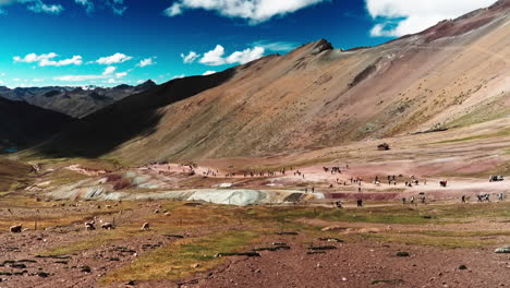 tourists climb the mountain of the seven colors in cusco peru, wide angle. rainbow mountain tour