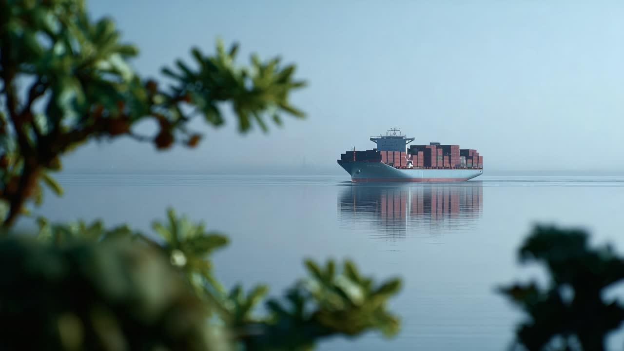 Sebuah Kapal Kontainer Tenang Berlayar di Perairan Tenang Dikelilingi Pepohonan Hijau Subur dan Suasana Berkabut Lembut, Mengabadikan Pemandangan Maritim yang Damai.