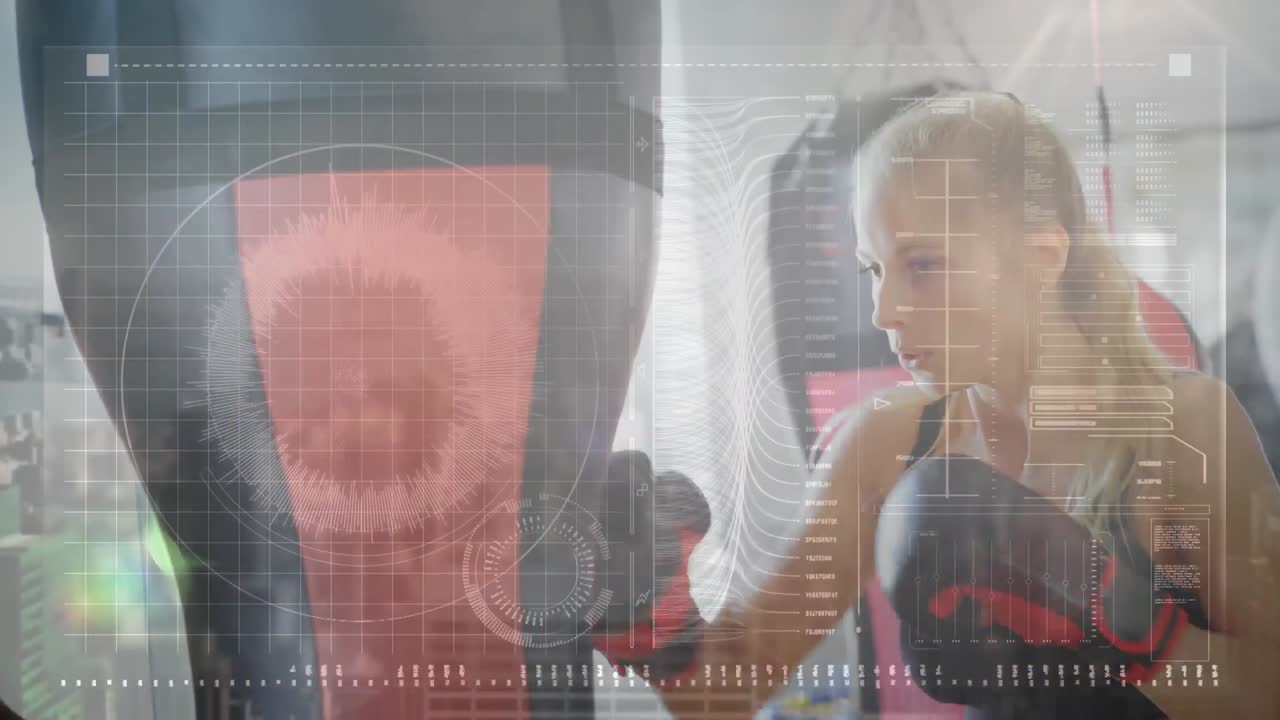 animación del procesamiento de datos en la pantalla sobre el boxeo de mujeres fuertes