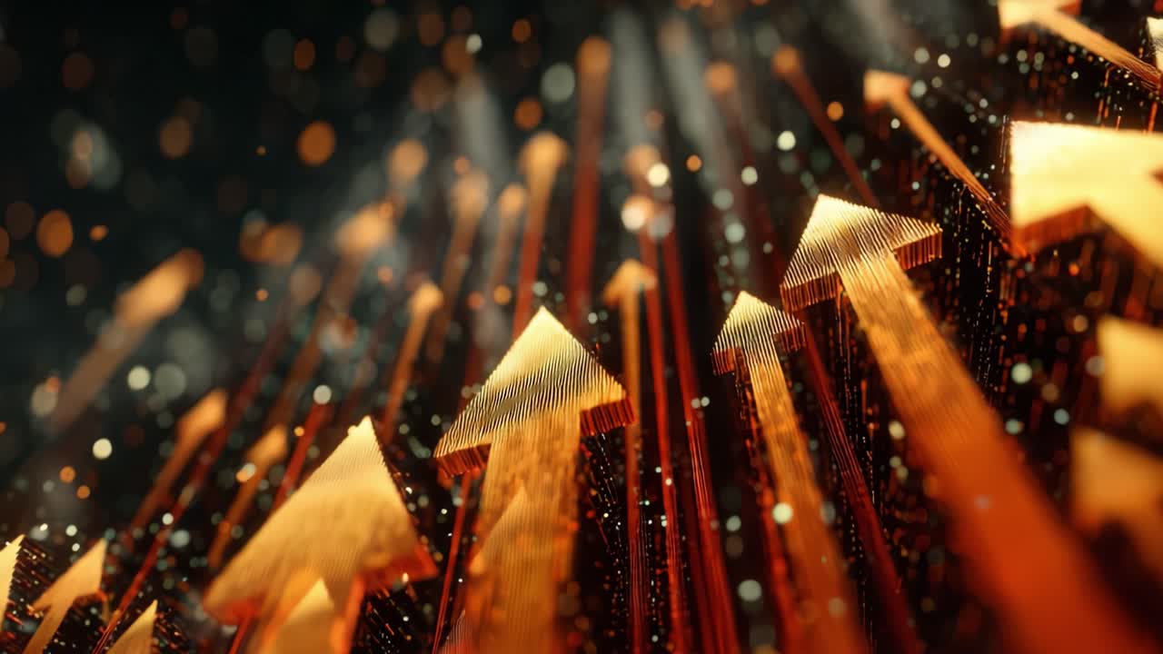 Numerous golden arrows moving upwards in a dynamic motion against a dark background with glowing particles, symbolizing business growth, financial success, progress, and positive market trends