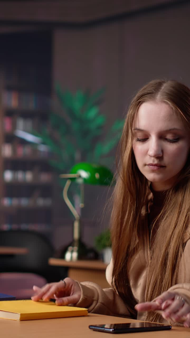 Vertical video noisy girl disturbing students at the library by speaking very loud on call