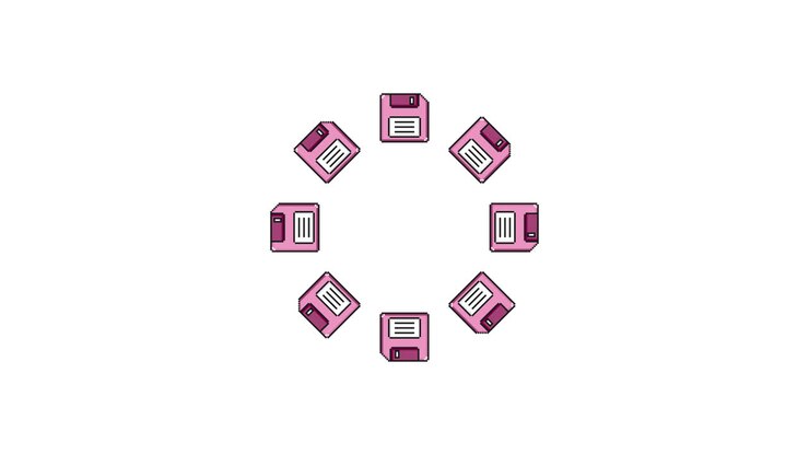Sovrapposizione animata trasparente di floppy disk in pixel art rotante a 30 fps (1)