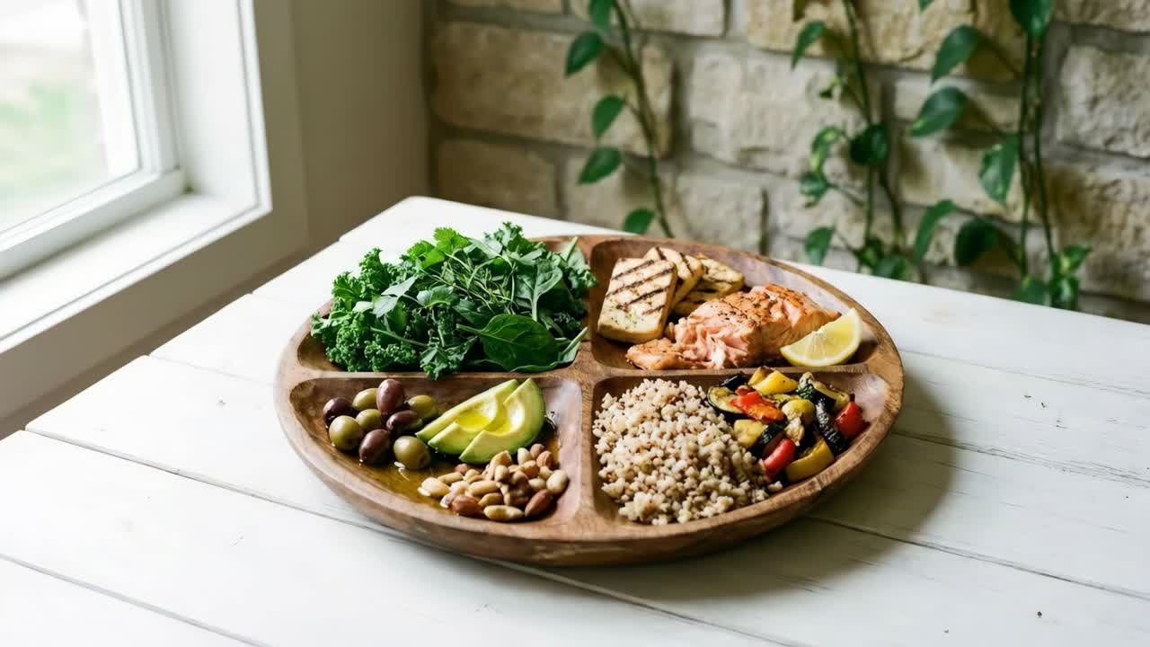 Gesunde Mahlzeit auf einem Holzteller