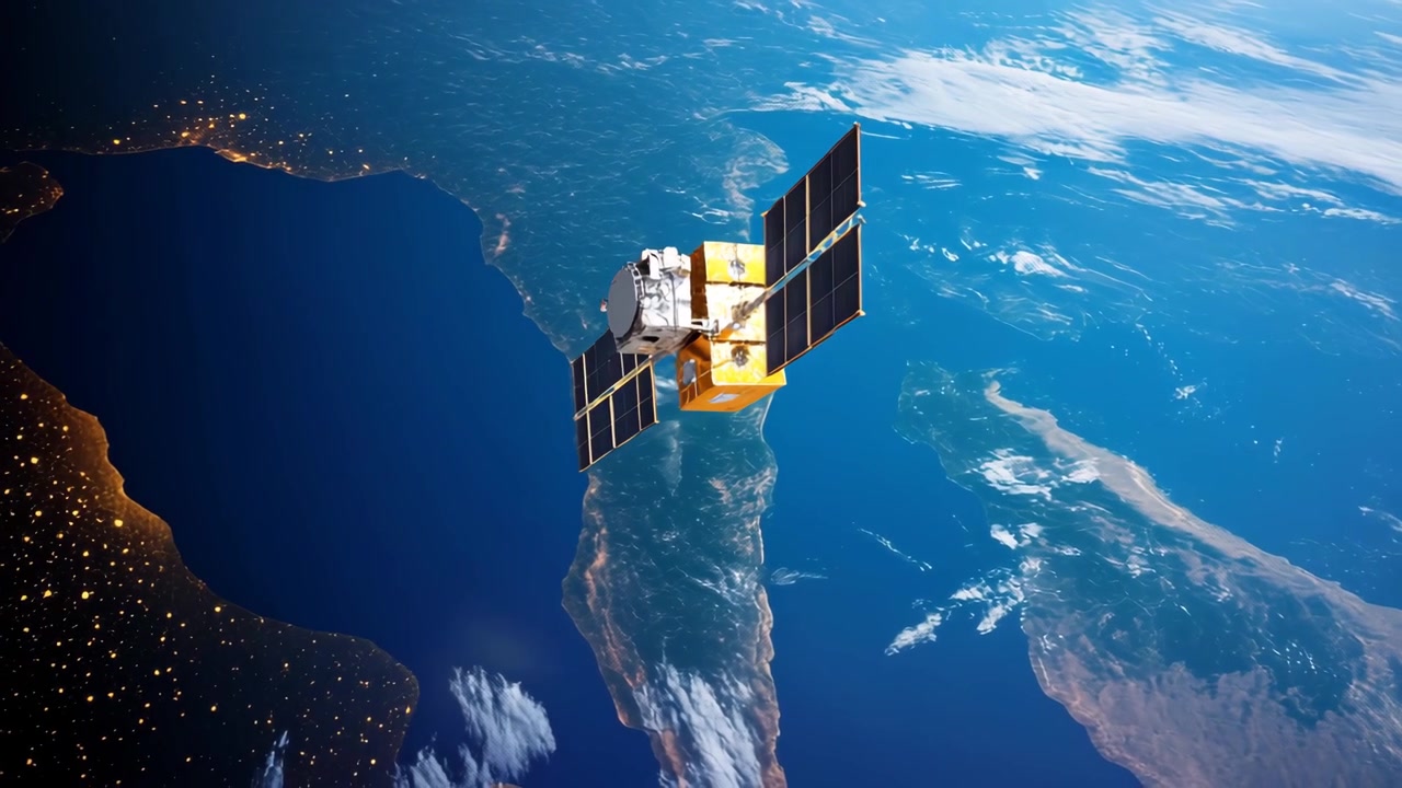 Satélite moderno orbitando la Tierra con luces de ciudades y continentes