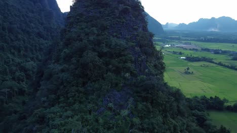 Circle shot around limestone mountains in Laos countryside, Aerial Nature
