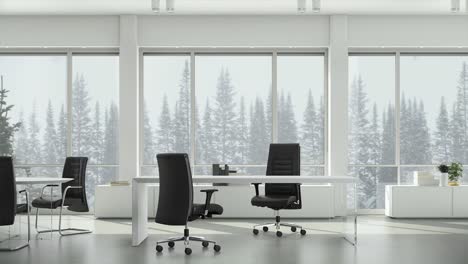 view from window in business office on winter snowfall on background coniferous trees and cloudy sky. background plate, chroma key video background.