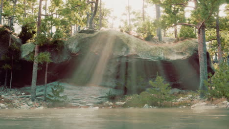 sunbeams through a forest cave