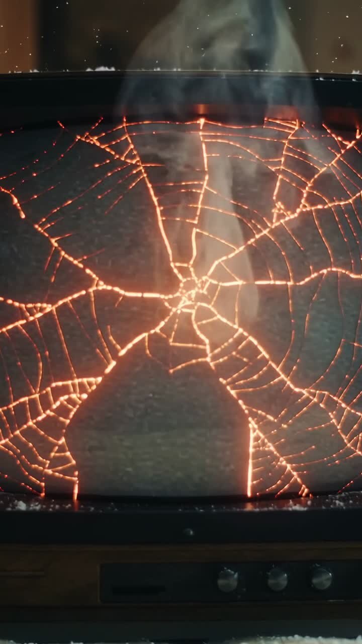 Vertical video: Forming CRT screen amid static, line appearing, showing lit cracks and smoke rising