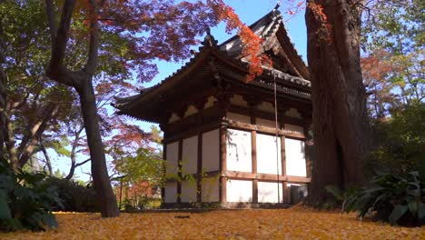 Increíble-Paisaje-De-Otoño-Con-Templo-Tradicional-Y-Hojas-Cayendo