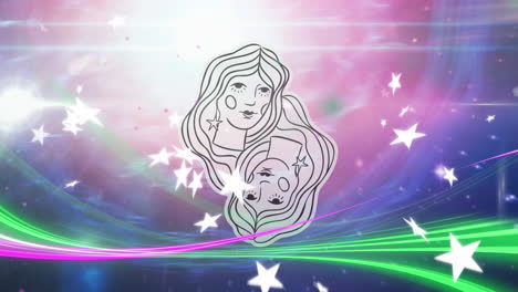 animación del signo de la estrella gemini sobre el universo y las estrellas brillantes