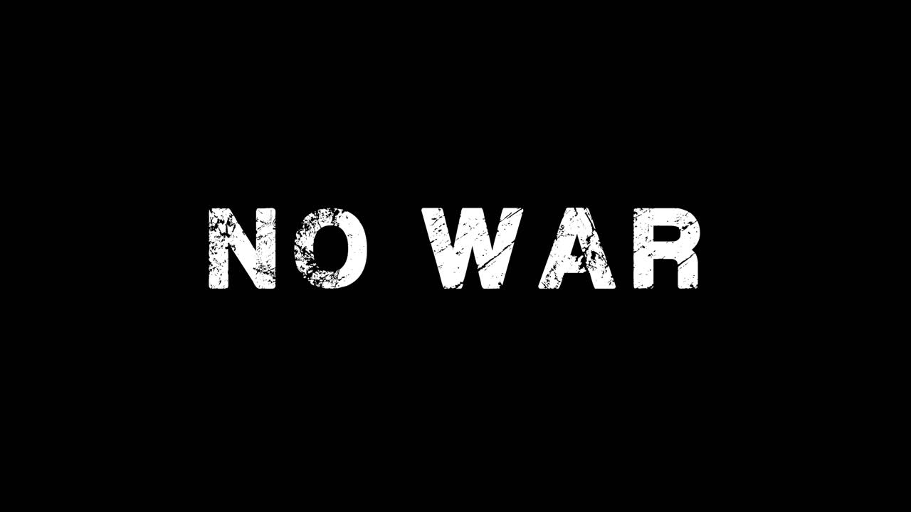 戦争反対。黒い背景でズームイン・アウトするテキスト。
