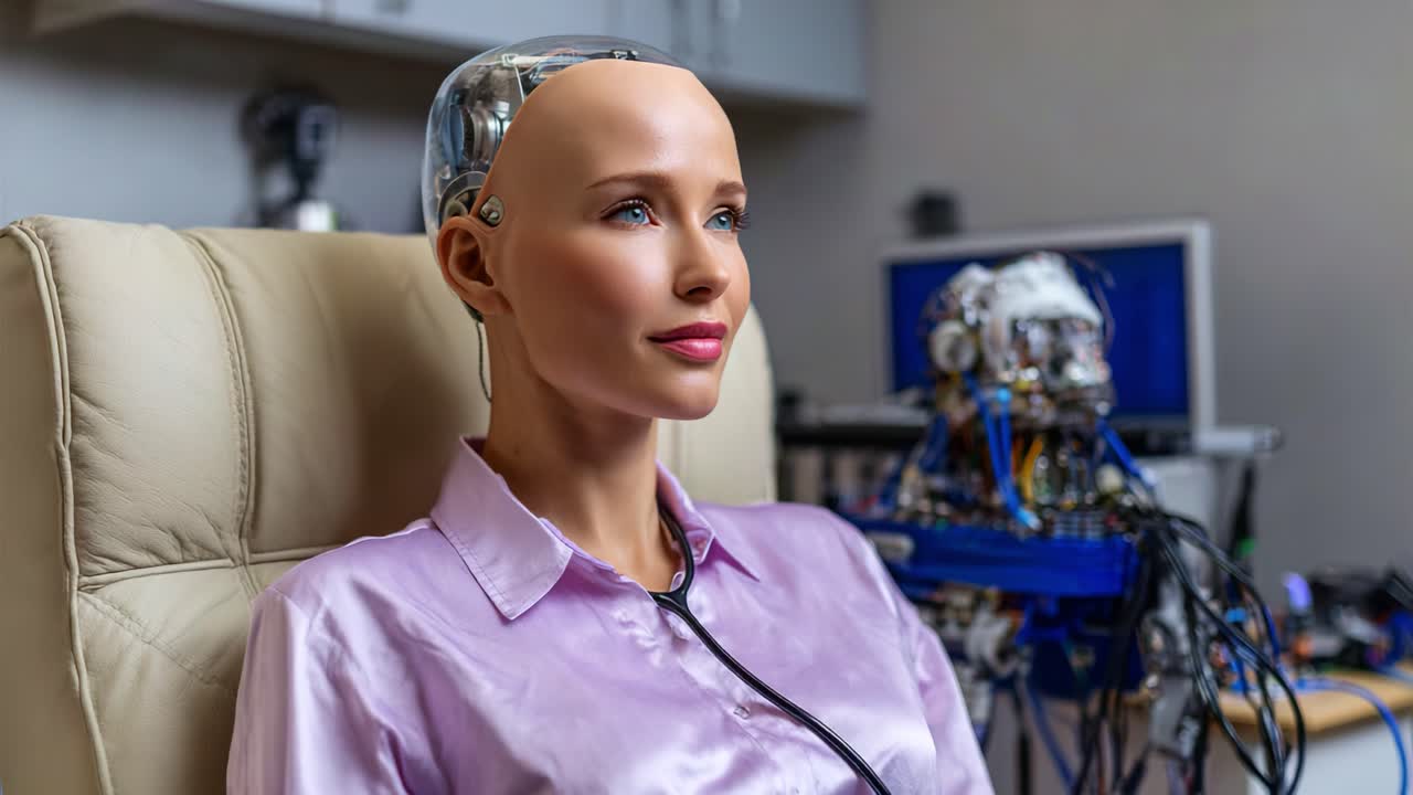 Un robot umanoide realistico con una testa liscia e calva e un design elegante che mostra una tecnologia IA avanzata mentre è seduto comodamente in un ambiente moderno e ben illuminato