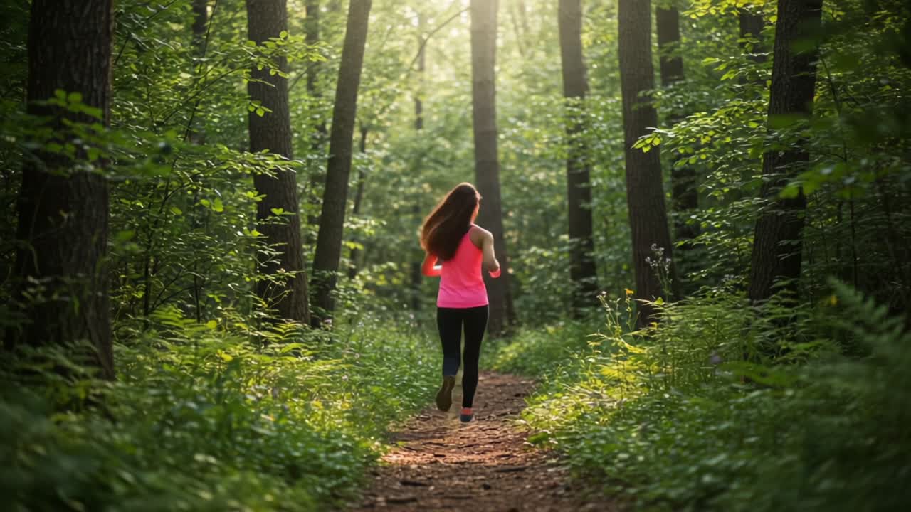 A Woman Jogging Through a Lush Forest Path on a Sunny Day, Embracing Nature and the Joy of Fitness in a Serene Outdoor Setting