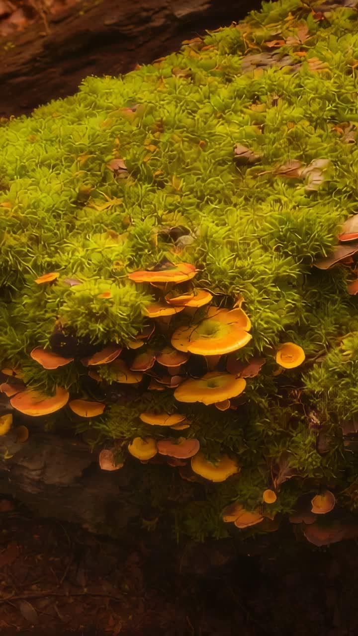 Vertical video: Panning camera over mossy dead log in shaded forest, showing orange shelf fungi