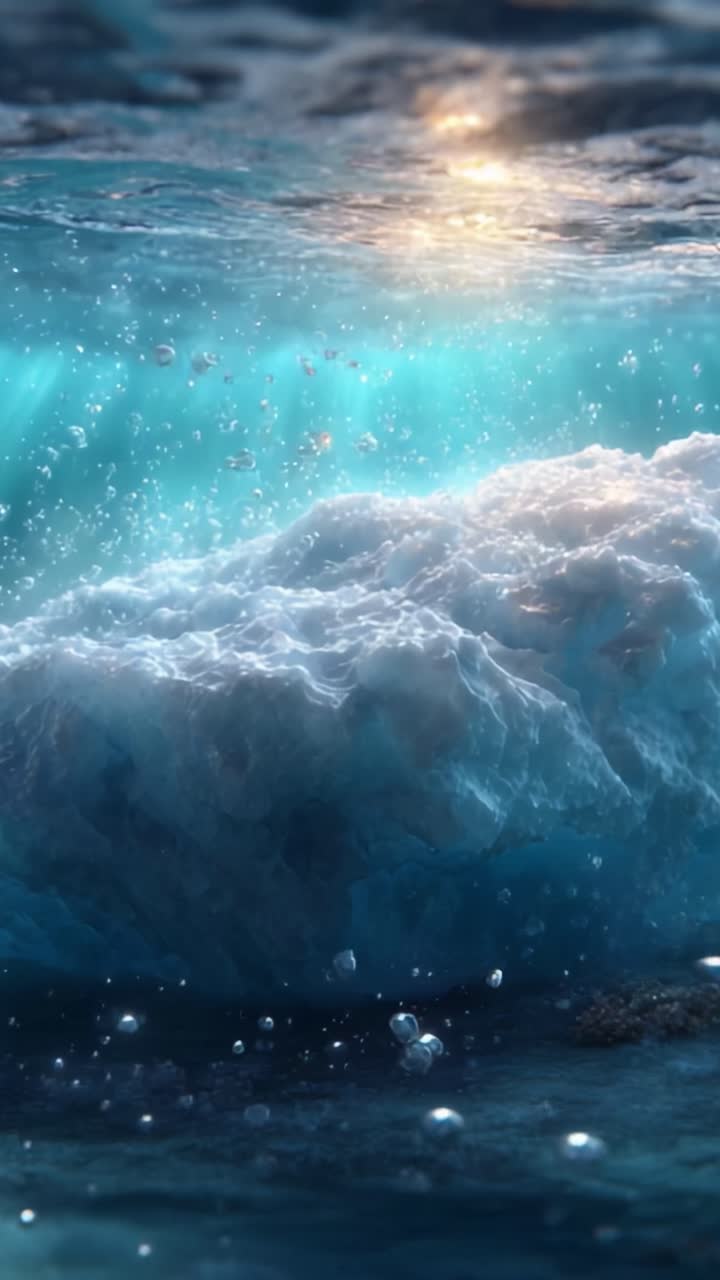 Una straordinaria scena subacquea che mostra un bellissimo iceberg circondato da bolle tremolanti e luce scintillante sotto la superficie dell'oceano