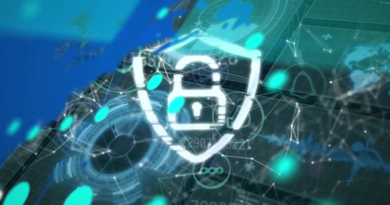 Animation of security padlock icon and network of connections over interface with data processing