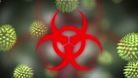 animation of red health hazard sign over  coronavirus cells spreading in the background.