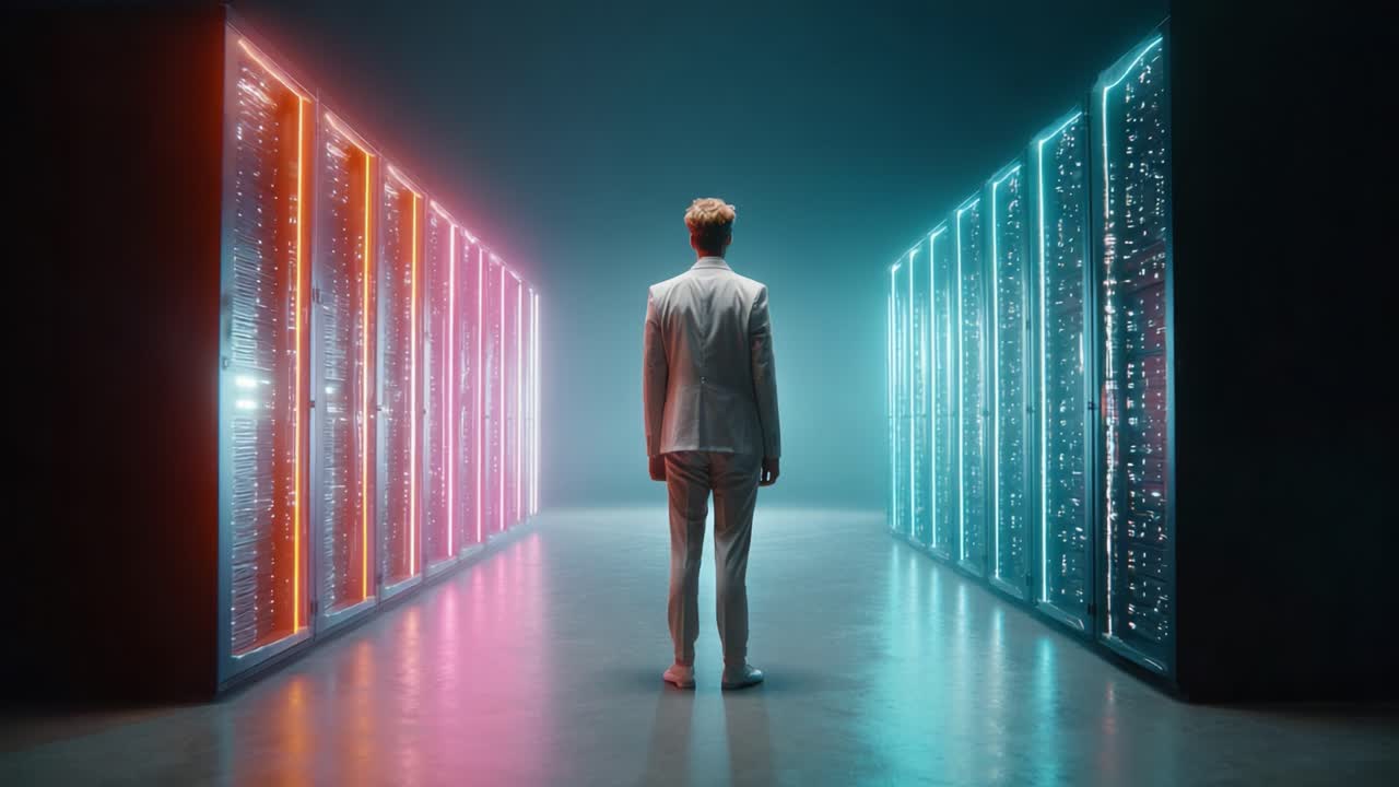 A Mysterious Individual in a Suit Stands Facing Two Rows of Glowing Data Servers, Embodying a Journey Through a Digital Realm Filled with Vibrant Colors and Intriguing Choices