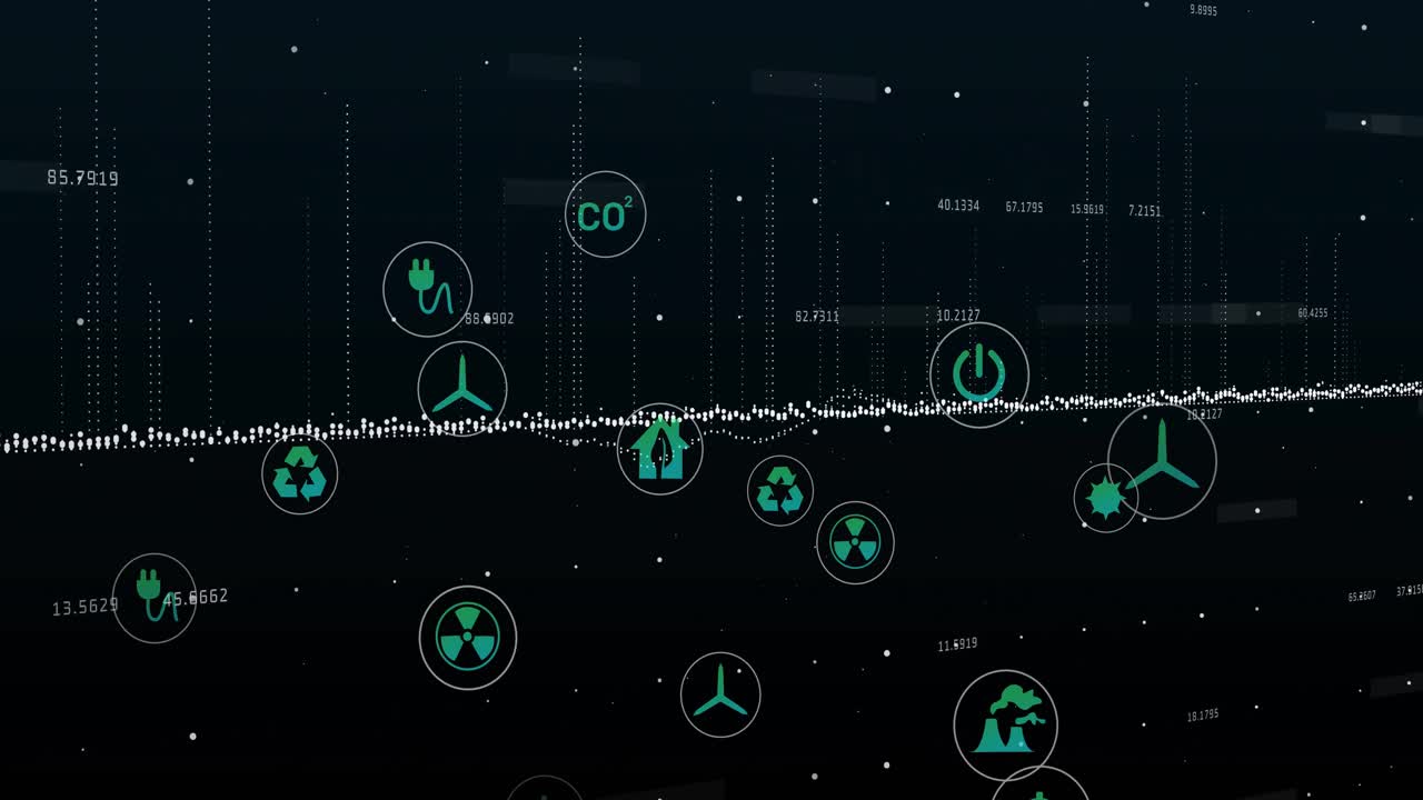 After pause dot trend line pulsing with floating icons rising and visualizing energy finance trends