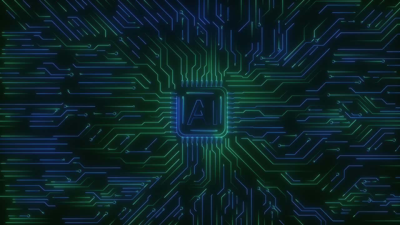 Digital data moving on circuit board cpu high tech artificial intelligence ai data mining processing