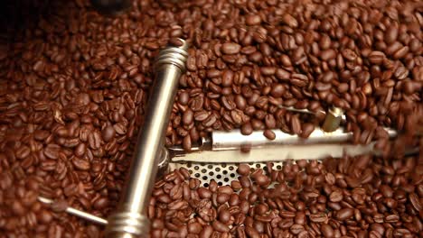 handheld shot of freshly roasted coffee beans being moved and mixed as they cool in roasting tray.