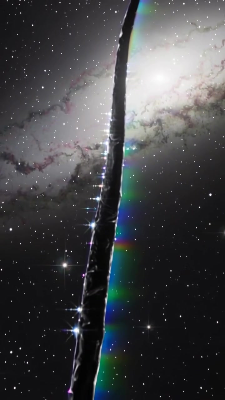 Vertical video: Tilting narrow ridged rod showing prism bands and left flares over frames by nebula