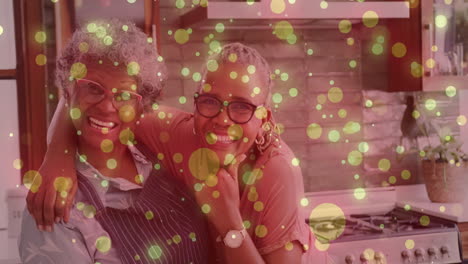 smiling family in kitchen surrounded by colorful bubbles