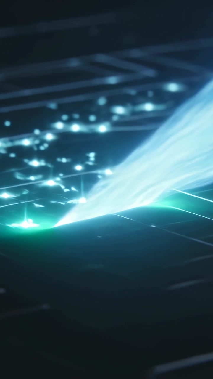 Video verticale: Fascio ciano che appare e spazza un piano scuro, emettendo scintille e illuminando nodi di rete.