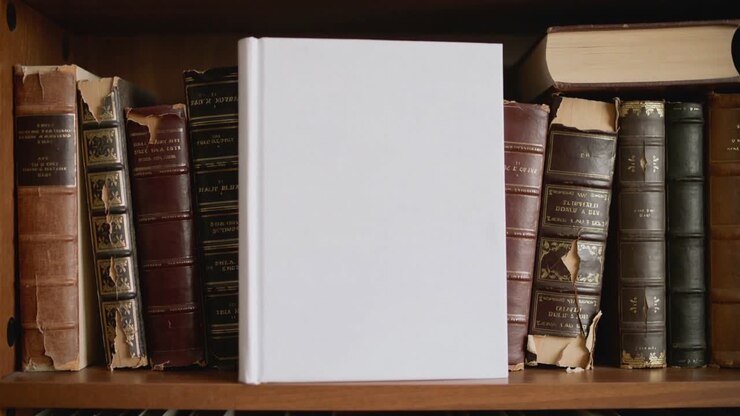 Videocamera che mostra un libro bianco vuoto centrato su una mensola di legno con libri in pelle che riempiono l'inquadratura
