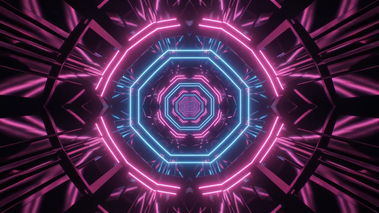 Tunnel Ottagonale Futuristico al Neon con Luci Luminose Rosa e Blu