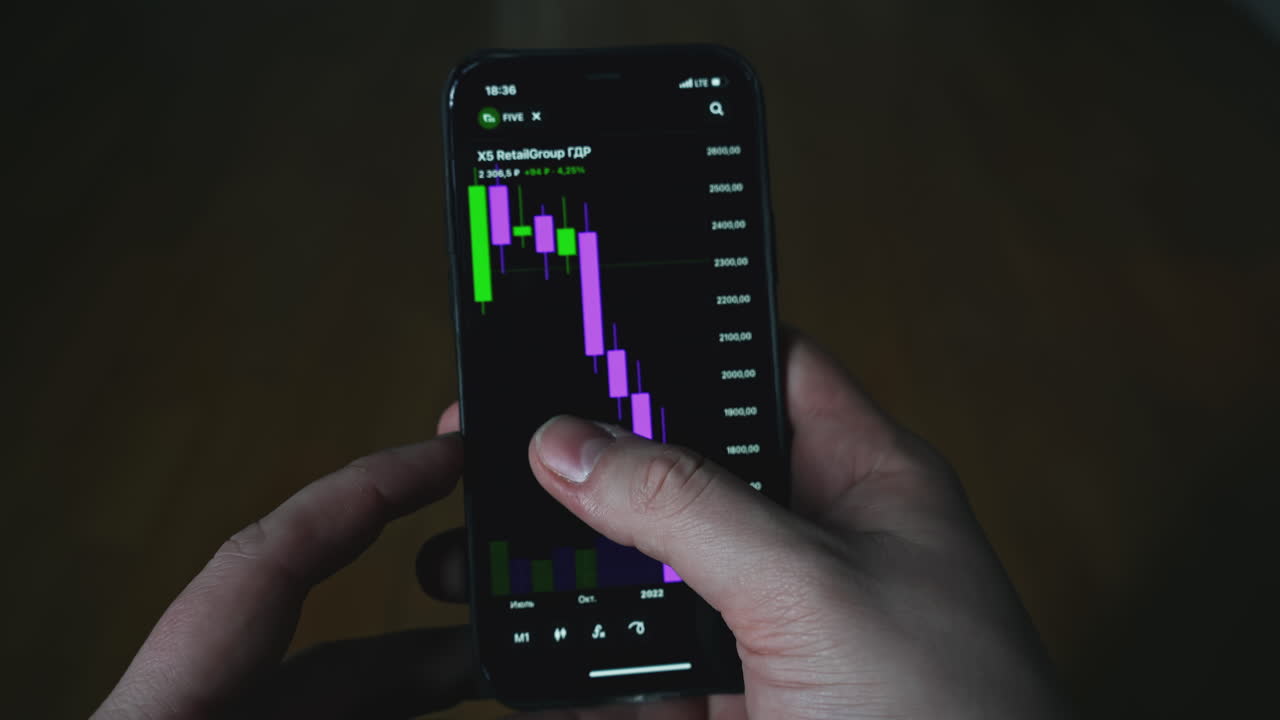 persona que visualiza los datos del mercado de valores en un teléfono móvil
