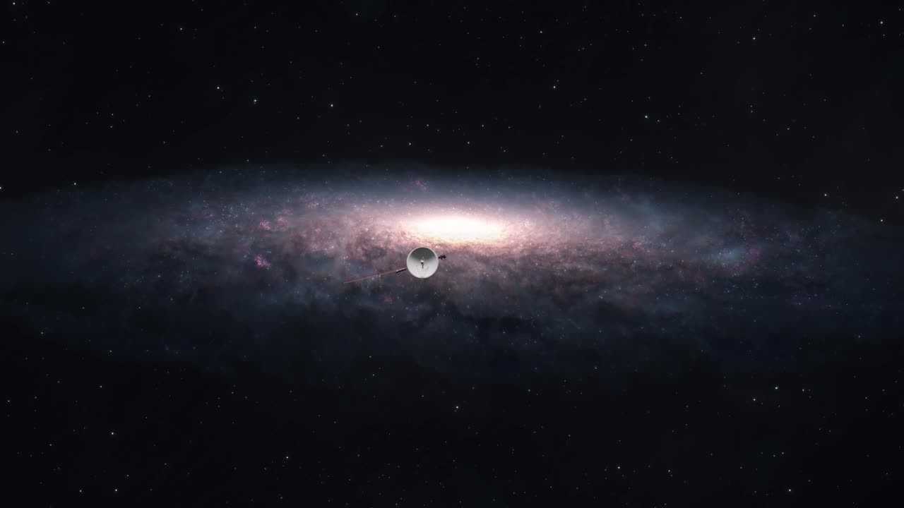 우주 탐사선은 거대한 나선형 은하를 떠나 깊은 우주로 향하고 있습니다.