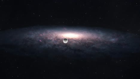 space probe leaving a massive spiral galaxy heading out into deep space