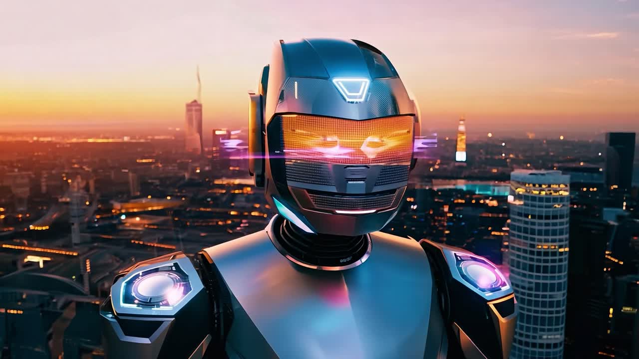 해가 지는 도시 풍경에서 미래의 로