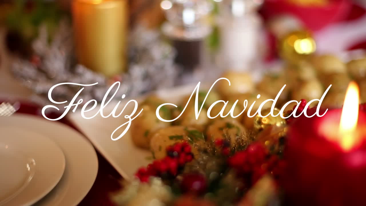 Feliz Navidad text animation over festive Christmas candle and decorations