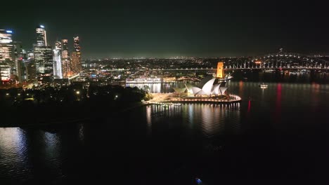 night life in sydney city, australia. drone cityscape with iconic landmarks and buildings.