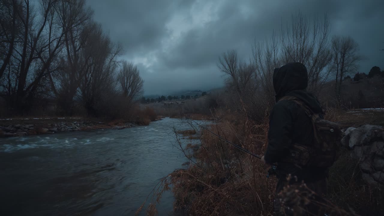 Quiet Reflections: A Fisherman's Solitude Along a Serene Riverbank at Dusk, Surrounded by Wistful Nature and Gloomy Skies
