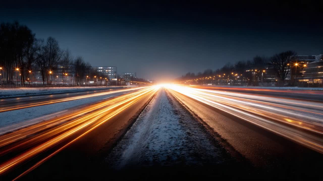 Illuminated Night Highway: Captivating Light Trails and Stunning Contrast of Darkness and Motion in a Cityscape Scene