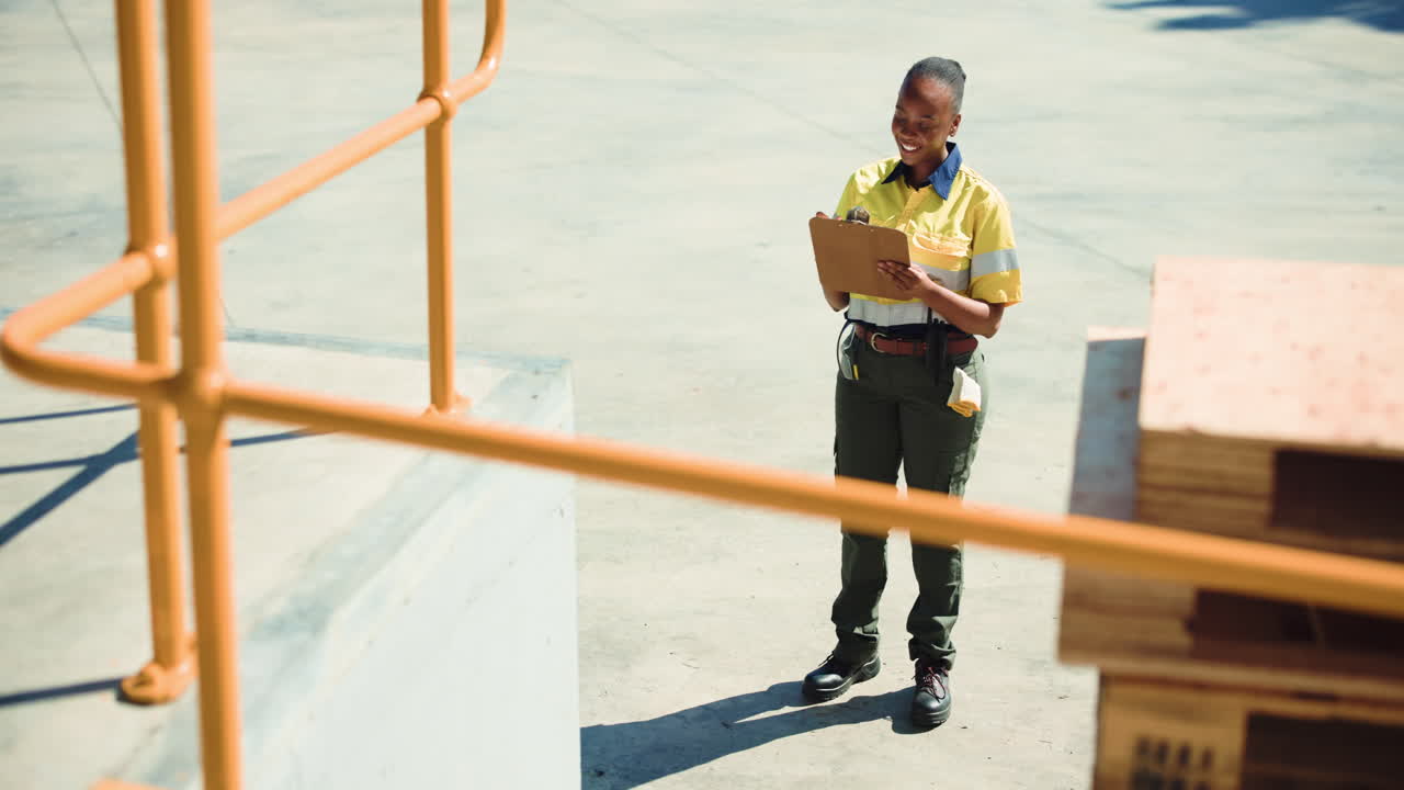 Mulher Profissional Inspecionando um Canteiro de Obras com Prancheta