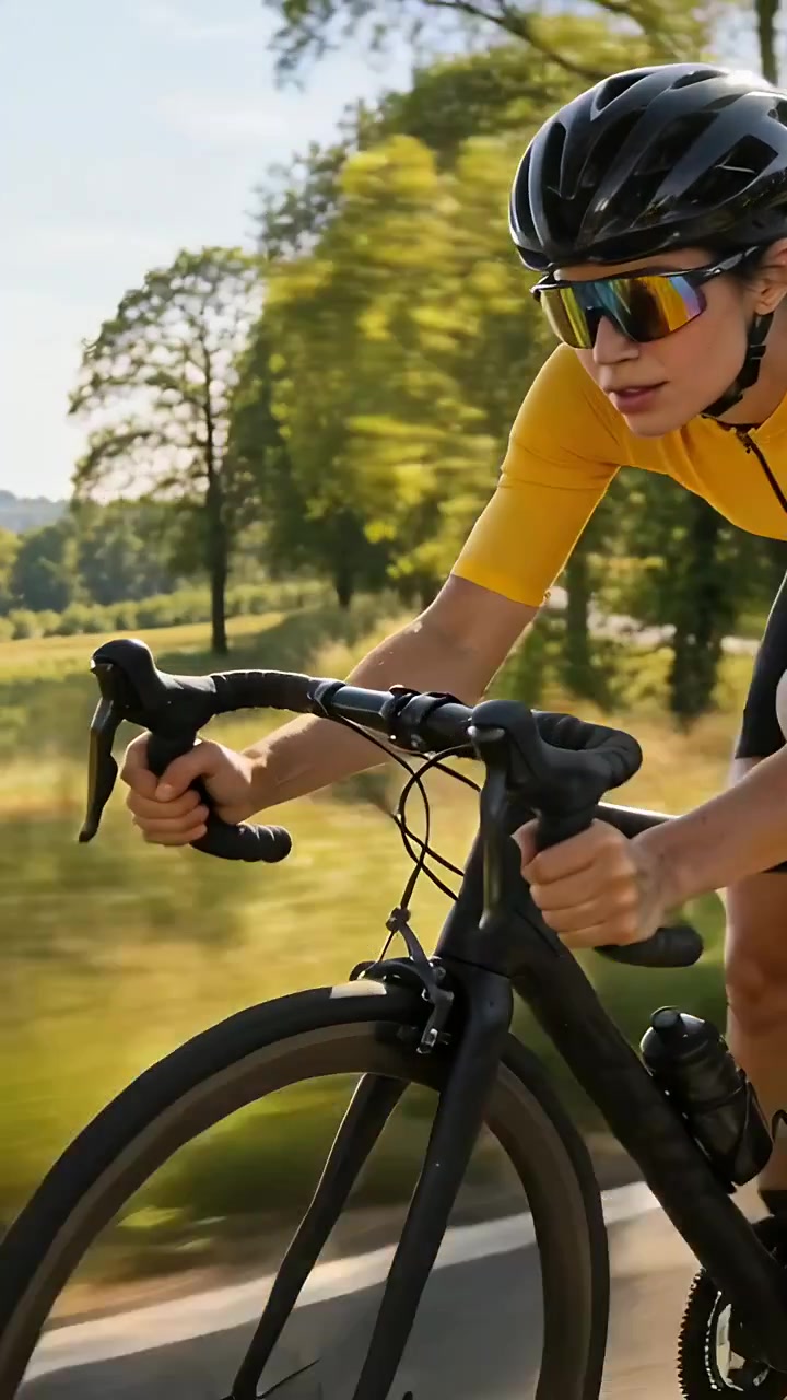 Video verticale: Telecamera che segue un ciclista in maglia gialla sui drop, che pedala su strada per allenamento.