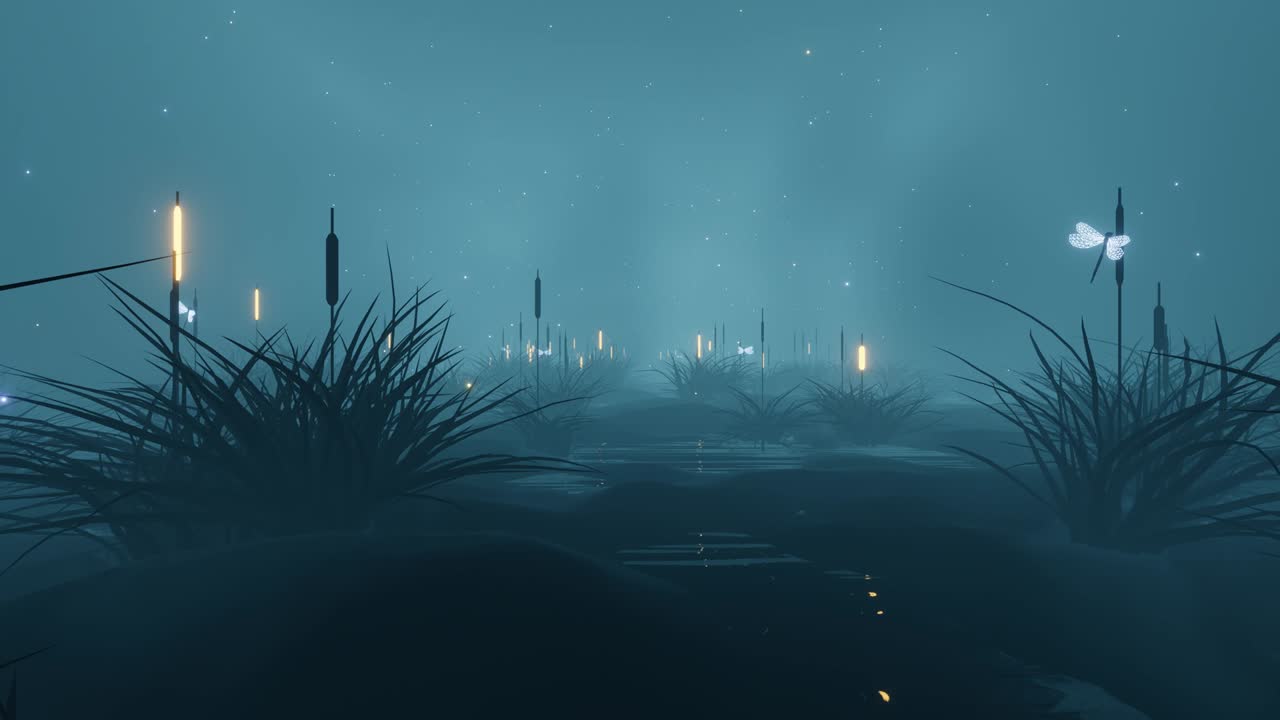 추상적인 안개가 가득한 습지를 걸어다니며  없이 돌아다니는