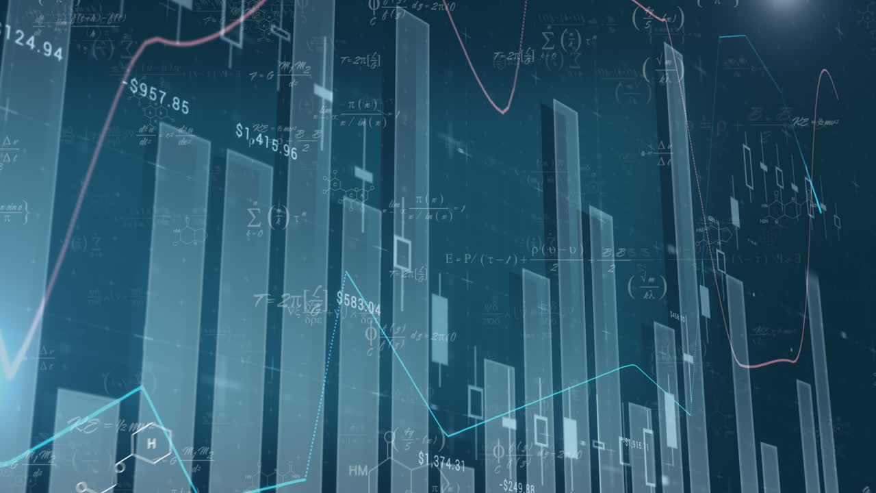 animación del procesamiento de datos financieros con ecuaciones matemáticas.