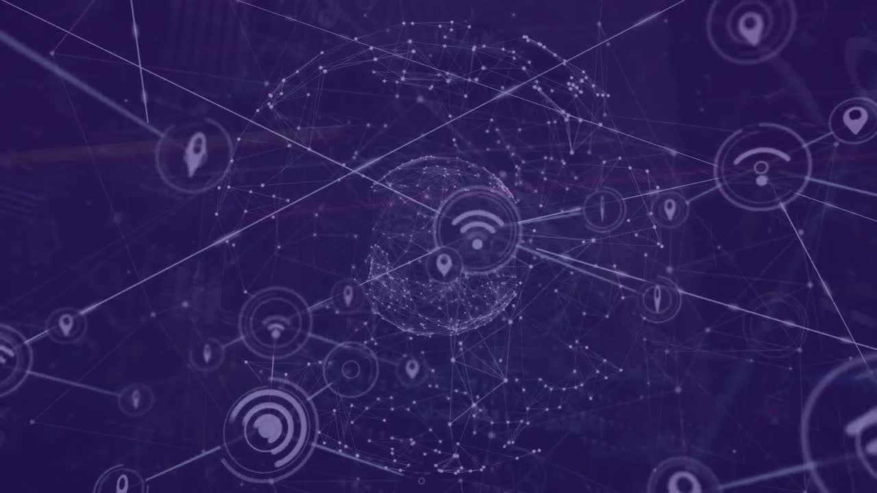 animación de una red de iconos digitales en todo el mundo de una red de conexiones sobre un fondo púrpura