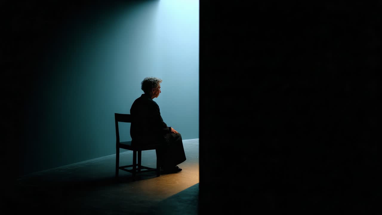 A contemplative figure sits alone on a chair in a dimly lit room, illuminated by a focused beam of light, evoking feelings of solitude and introspection