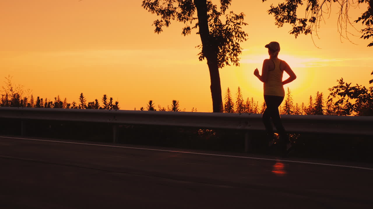 estilo de vida activo y saludable - silueta de mujer corriendo por la carretera a lo largo del mar al atardecer