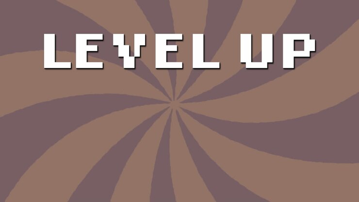 Animazione del testo 'level up' su sfondo marrone