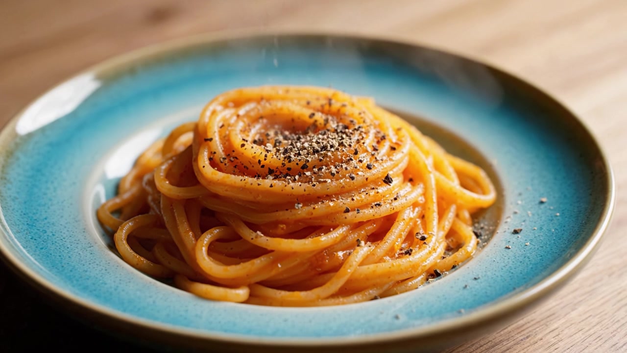 Spaghetti deliziosamente attorcigliati con una miscela perfetta di salse e spezie, catturati durante il processo di cottura con una spolverata di pepe sopra per un sapore eccezionale.