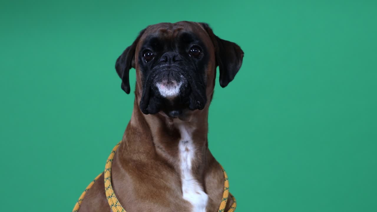 등반 로프를 가진 권투견이 경보로 고 있습니다.