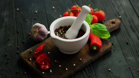 bowl with spices on wooden cutting board